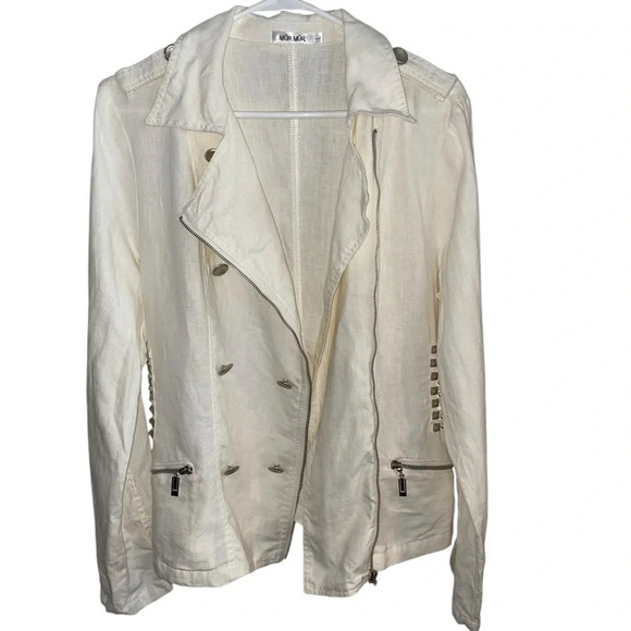 Mur Mur white studded linen double breasted moto military style zipper jacket - Picture 10 of 12